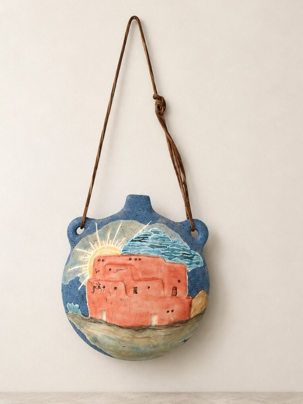 Vintage Southwestern Pueblo Style Pottery Canteen Adobe House Wall Decor 8"